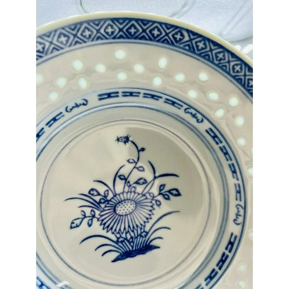 Vintage Chinese Rice Bowl Soup Plate‎ 8 inch Chrysanthemum Flower Pattern Blue